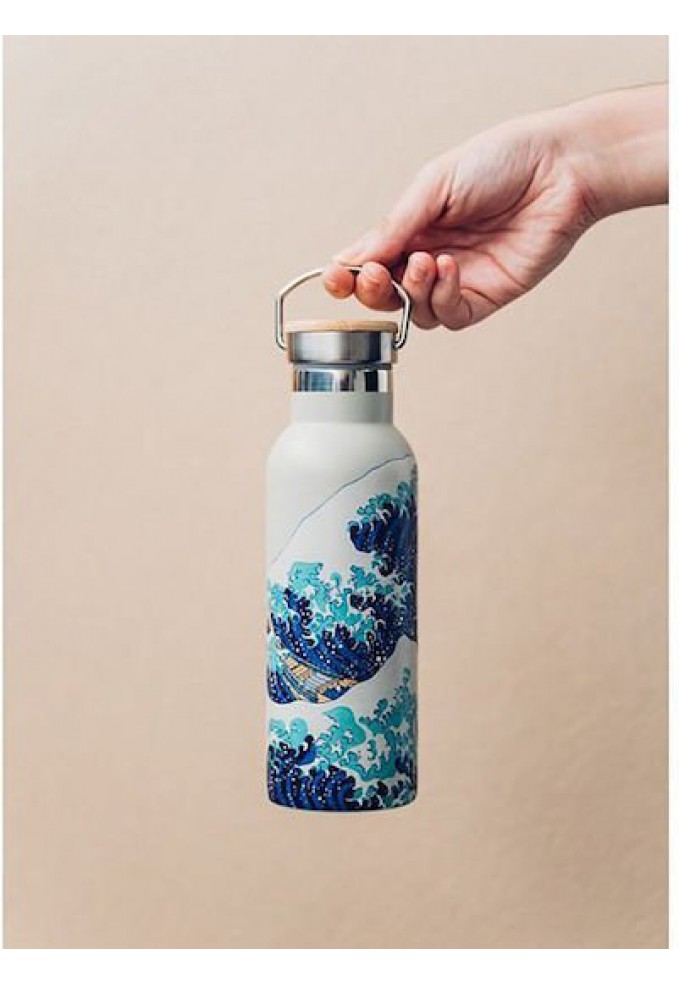 Μπουκάλι Θερμός Ανοξείδωτο BPA Free 500ml Μπεζ με Λαβή - Japanese Art Hokusai