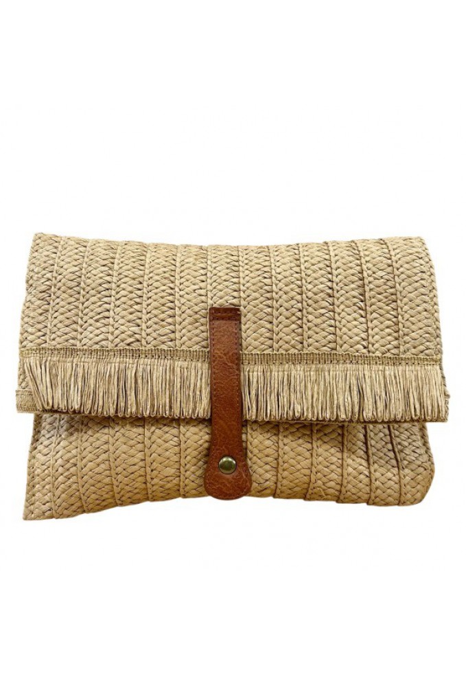 Τσάντα Φάκελος Ψάθινη με Αποσπώμενο Λουράκι - Μπεζ