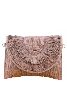 Τσάντα Φάκελος Ψάθινη με Αποσπώμενο Λουράκι - Ροζ