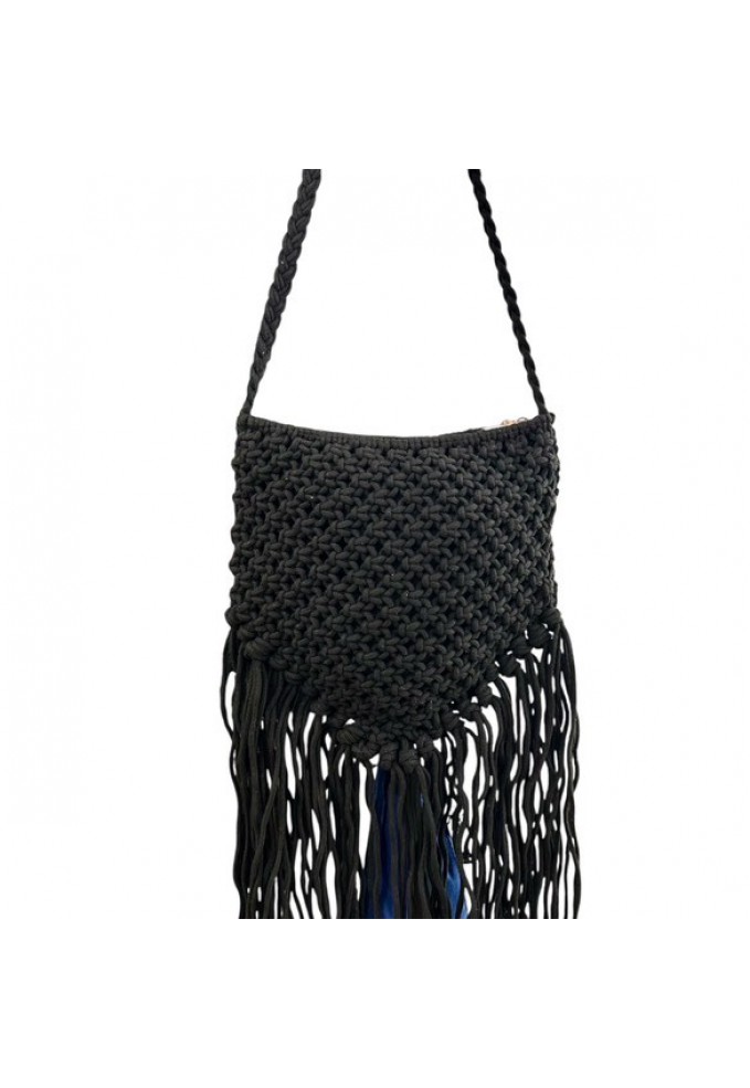 Τσάντα Χιαστί Πλεκτή με Κρόσια - Μαύρο